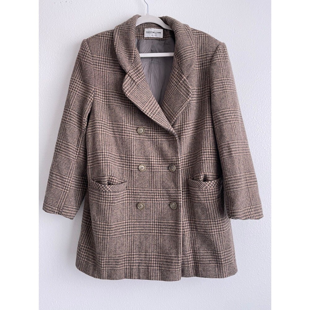 Vintage Dillards Preston & York Women's 14 Plus Glen Plaid Coat 100% Wool Brown
